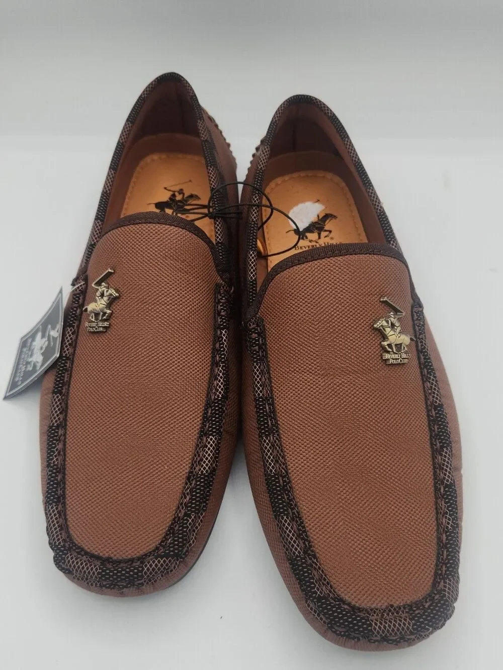 Beverly Hills Polo Club Men's Brown Check Slip-On Loafers Logo Accent Size 8